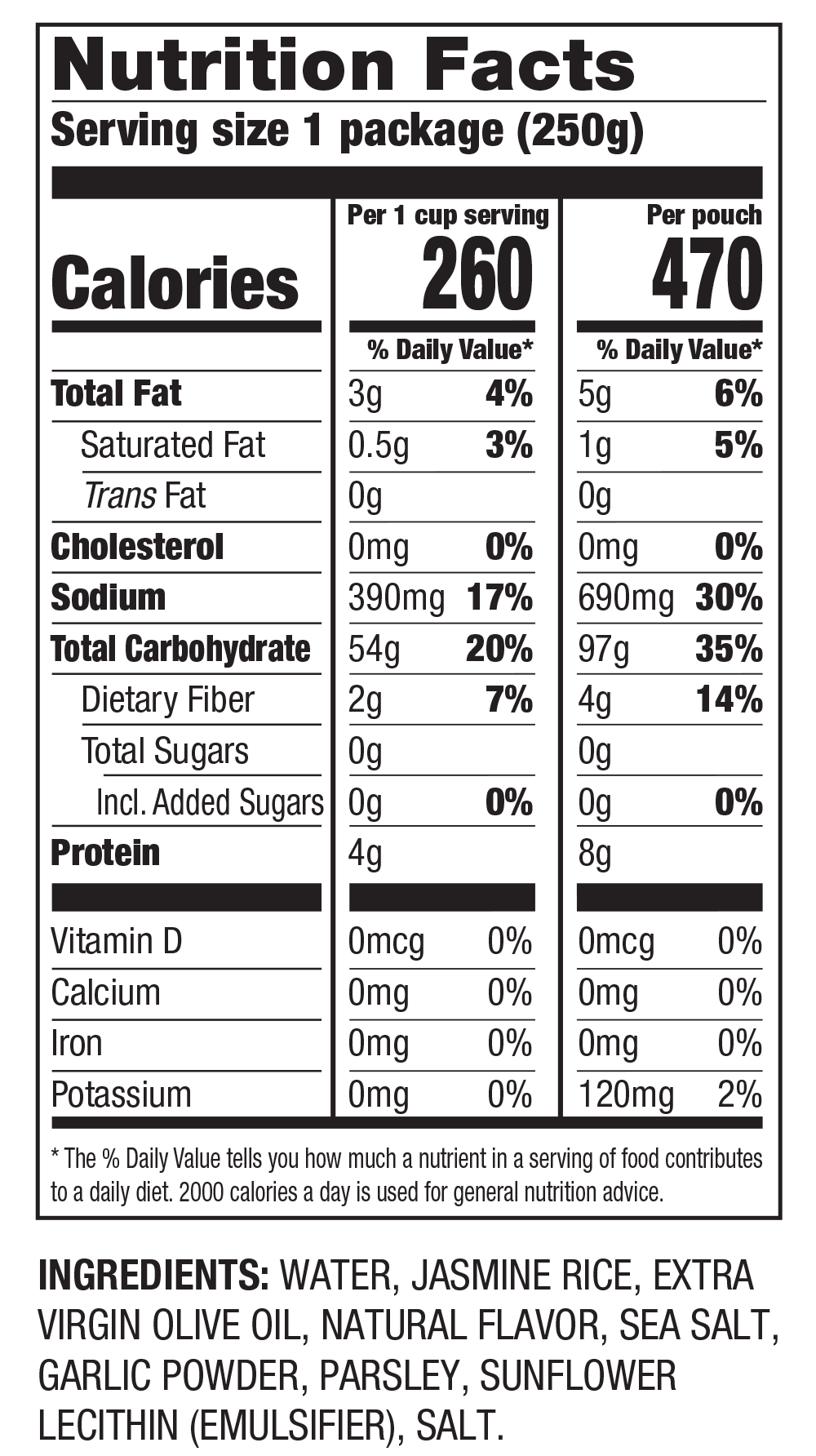 Nutrition Facts Ready to Heat Garlic & Olive Oil Jasmine Rice