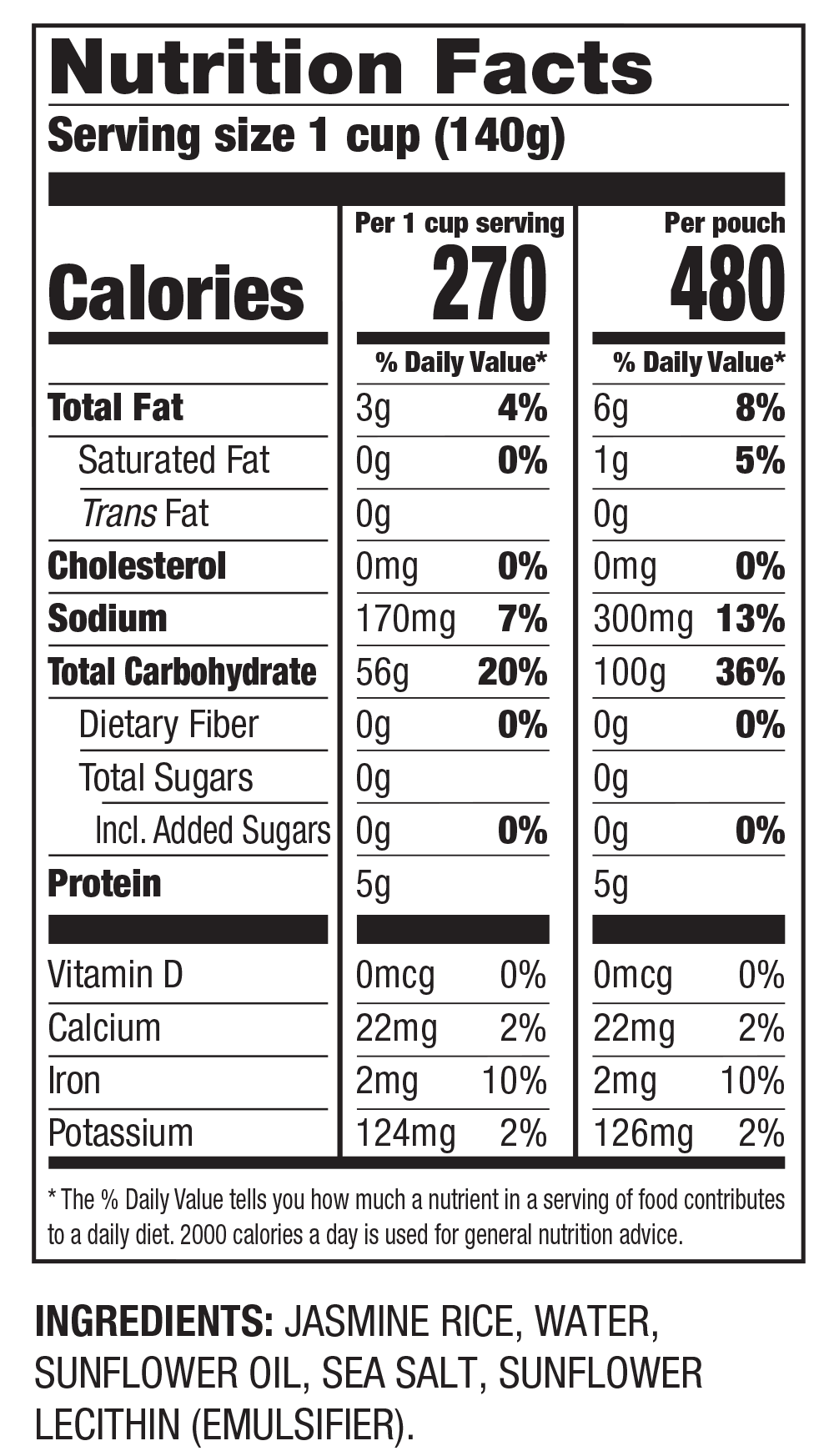 Nutrition Facts Arroz Jazmín Listo para Calentar