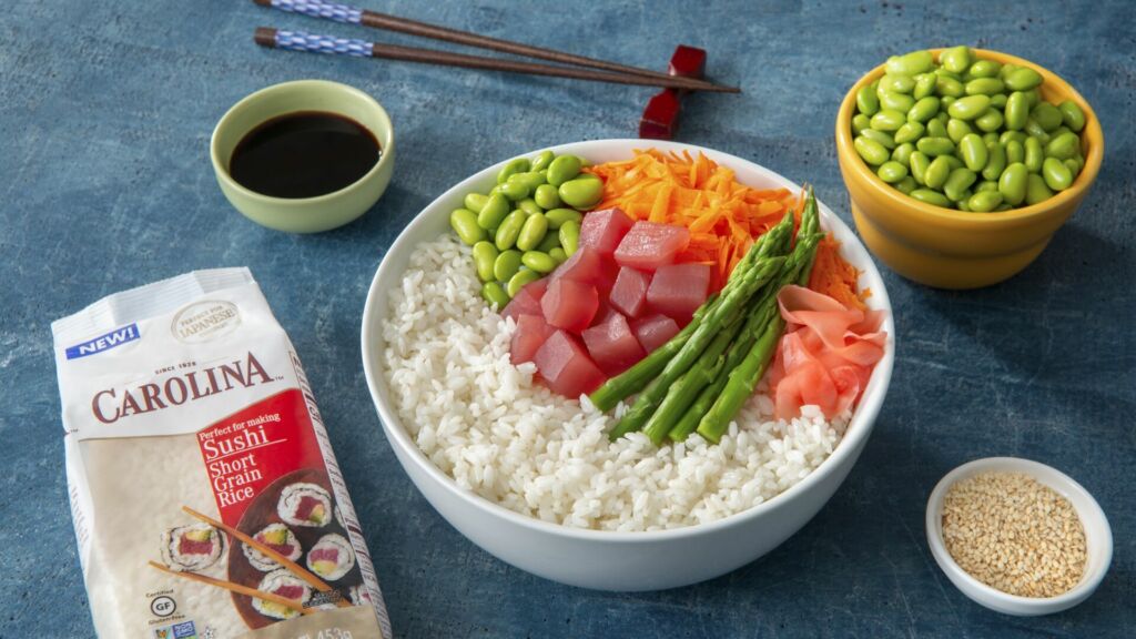 Sticky Rice Tuna Poke Bowl with Edamame, carrots and asparagus