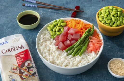 Sticky Rice Tuna Poke Bowl with Edamame, carrots and asparagus