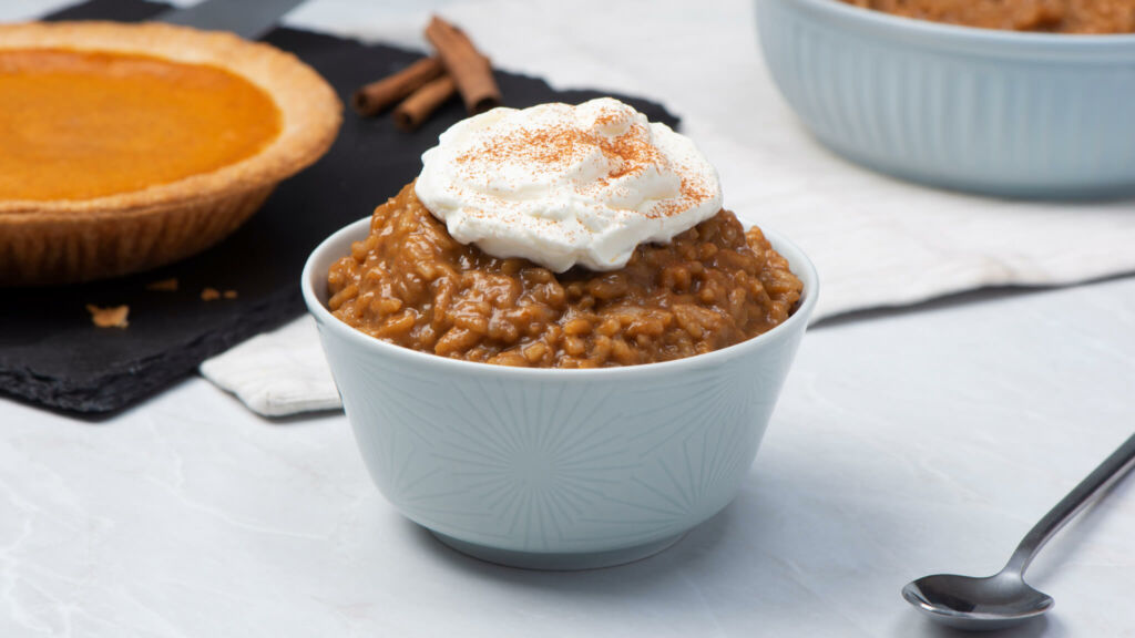 Pumpkin Spice Latte Rice Pudding with Cinnamon and Whipped Cream