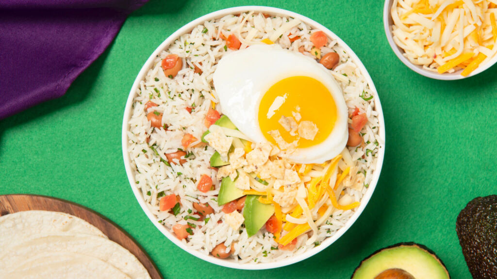 White Rice Bowl with Huevos Rancheros, diced Tomatoes, Avocados and Jasmine Rice