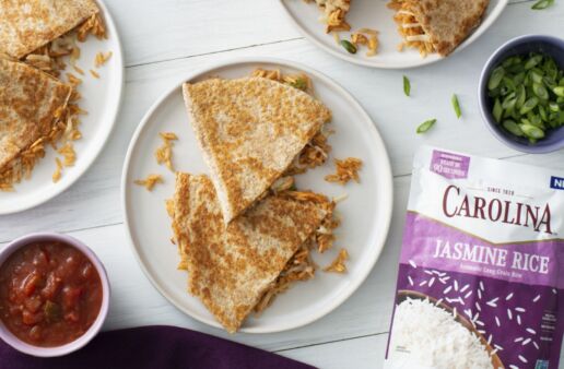 Cheese and BBQ chicken rice quesadillas