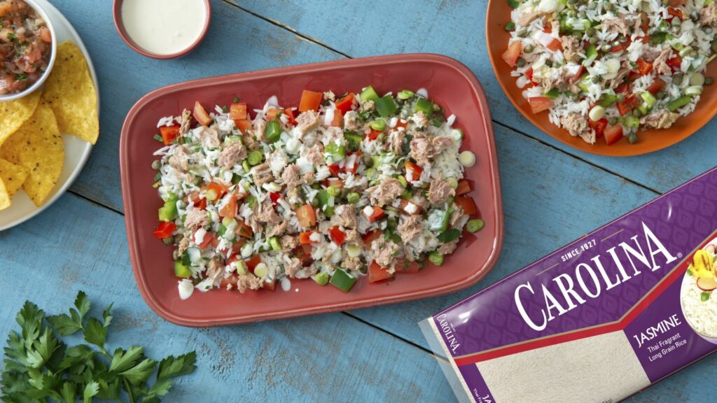 Rice and tuna salad made with canned tuna, jasmine rice, bell peppers and a mayonnaise dressing