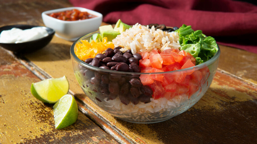 Taco Bowls with Black Beans, Rice, Quinoa and Fresh Vegetables