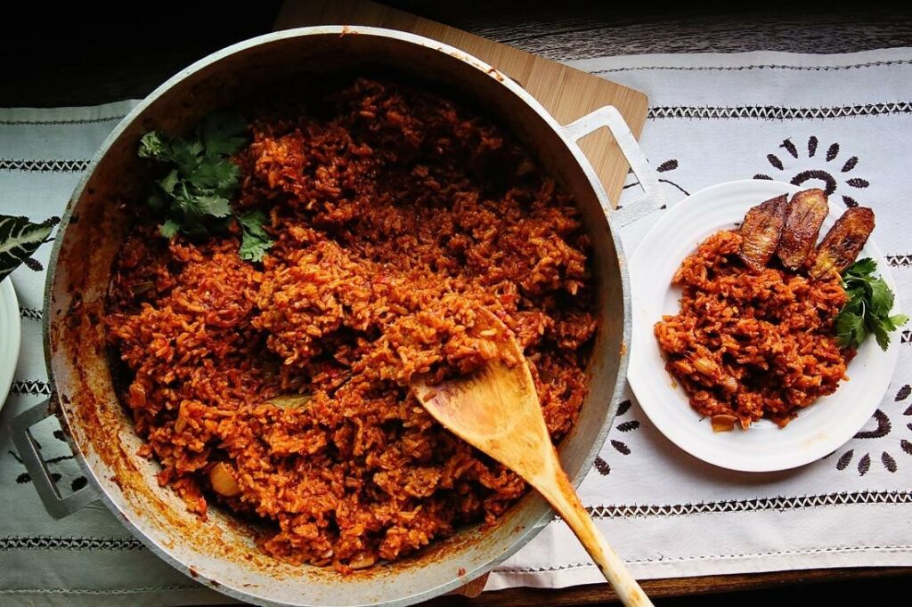 Jollof Rice Recipe with Fried Plantains made with Basmati Rice