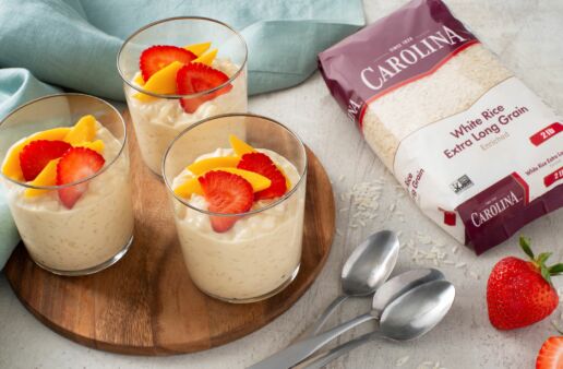 Tres Leches Rice pudding in cup with fruit