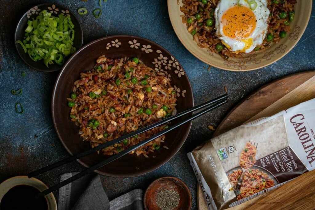 bacon-fried-rice-with-fried-egg-scallions-and-carolina-rice-package