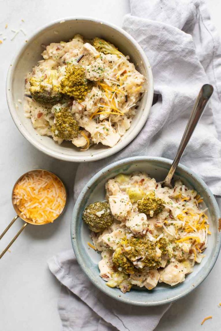 Crockpot chicken and rice dinner with broccoli and cheese