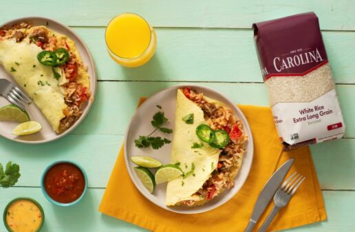 Omelets stuffed with Chorizo Mexican Rice