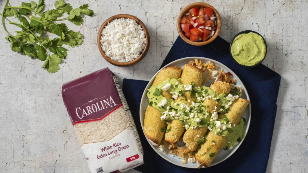 tacos-dorados-with-white-rice-chicken-avocado-cream-beans-and-tomatoes