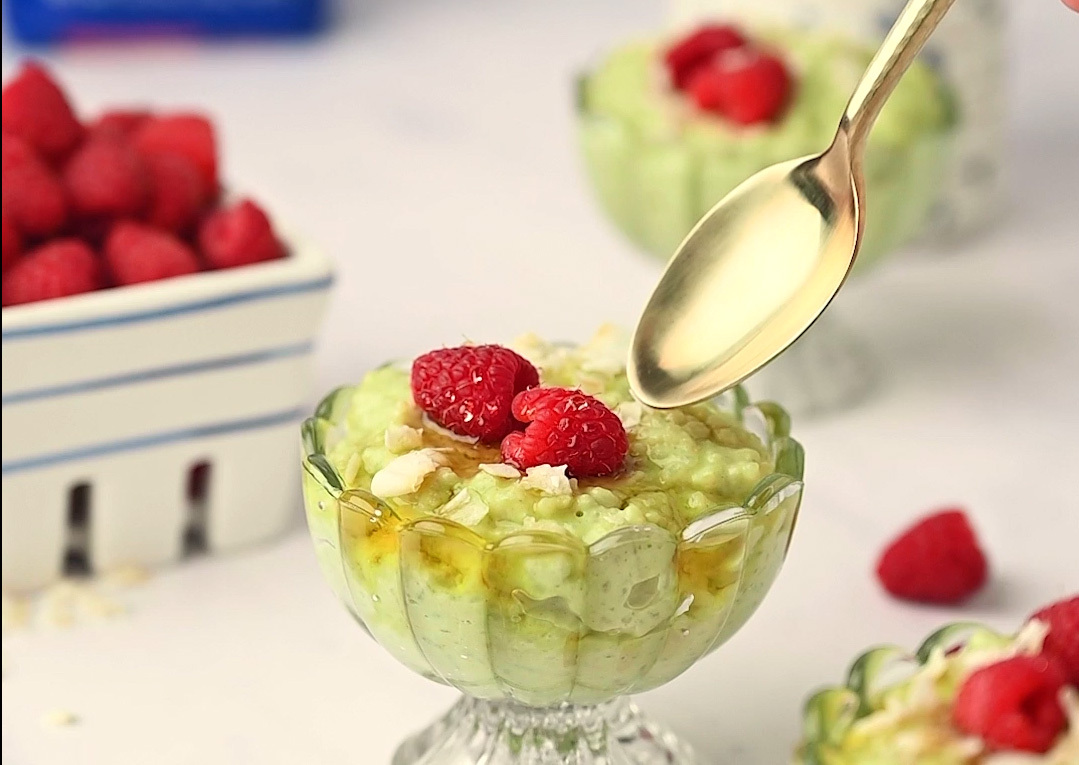 Matcha Rice Pudding with Raspberries and Maple Syrup
